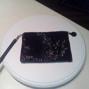 Beautiful black bugle-beaded satin clutch wristlet